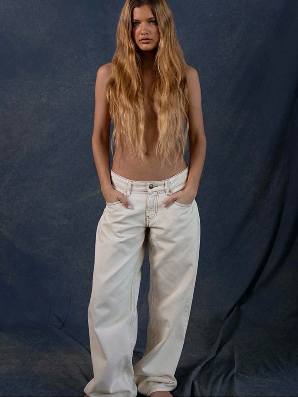 Motel Rocks Roomy Extra Wide Low Rise Jeans In Off White